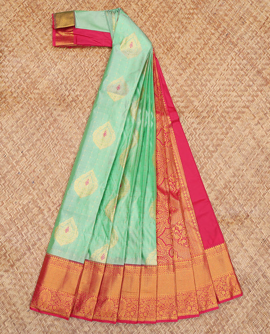 Turquoise Budget Silk Saree, Delicately Woven with Zari Buttas and Checks, a Contrast Traditional Zari Border, Grand Pallu, and a Contrast Blouse