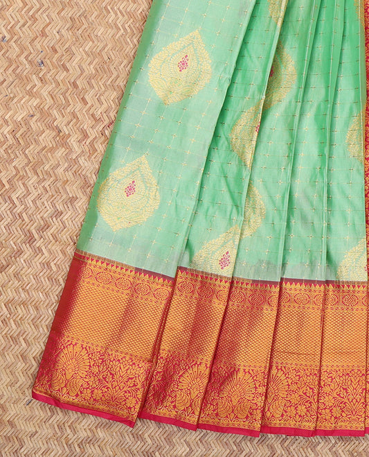 Turquoise Budget Silk Saree, Delicately Woven with Zari Buttas and Checks, a Contrast Traditional Zari Border, Grand Pallu, and a Contrast Blouse