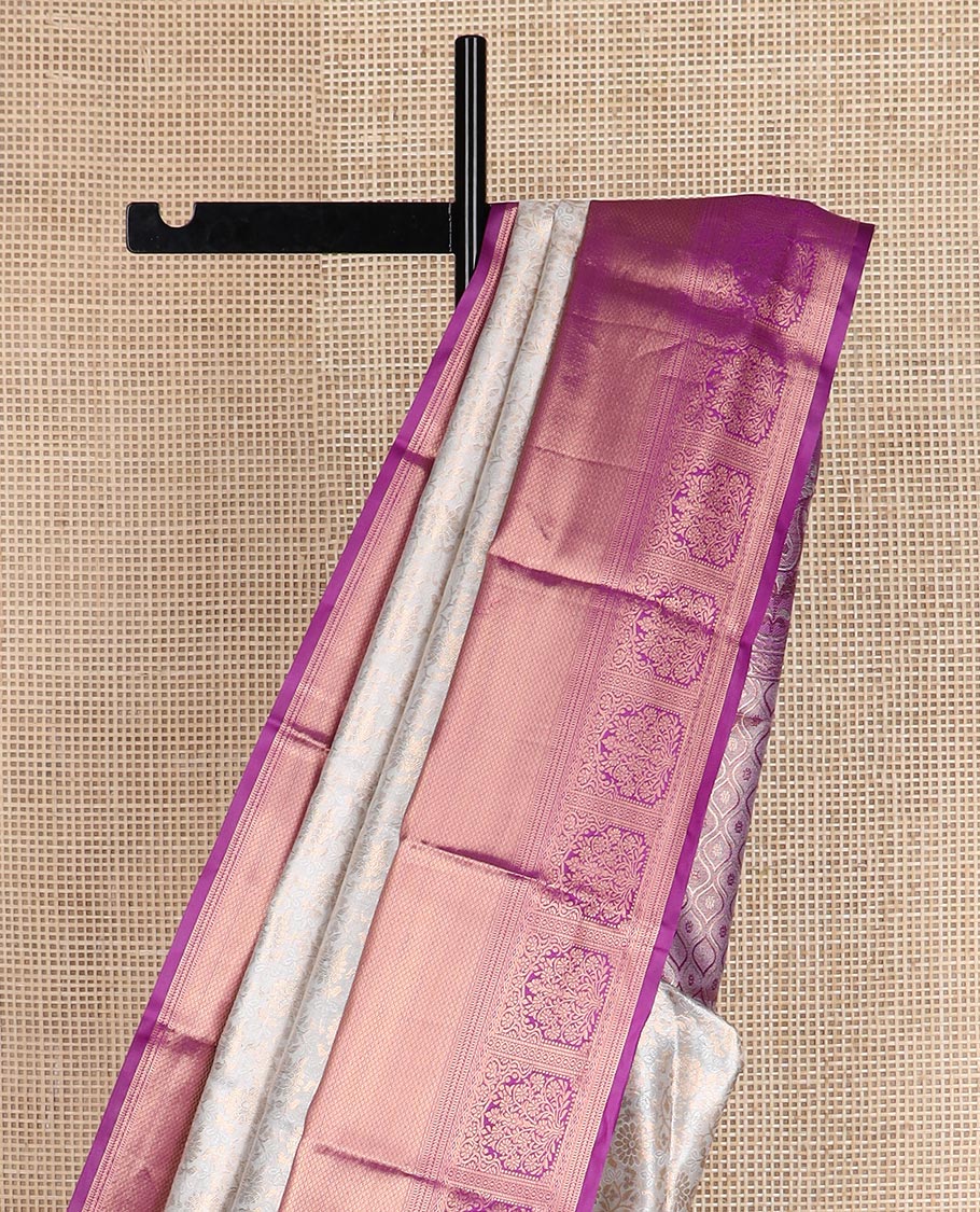 Cream zari floral jacquard budget silk saree, contrast traditional zari border, and ogee patterned pallu