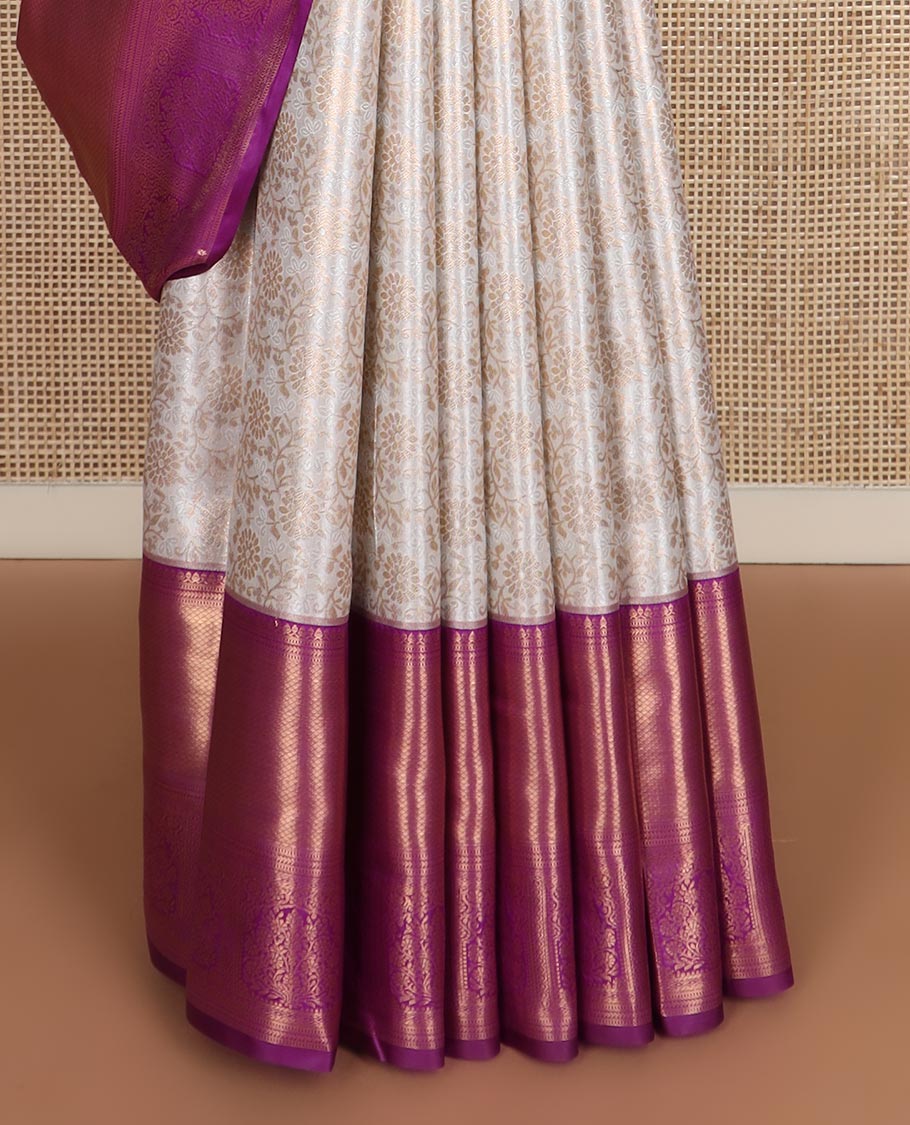 Cream zari floral jacquard budget silk saree, contrast traditional zari border, and ogee patterned pallu