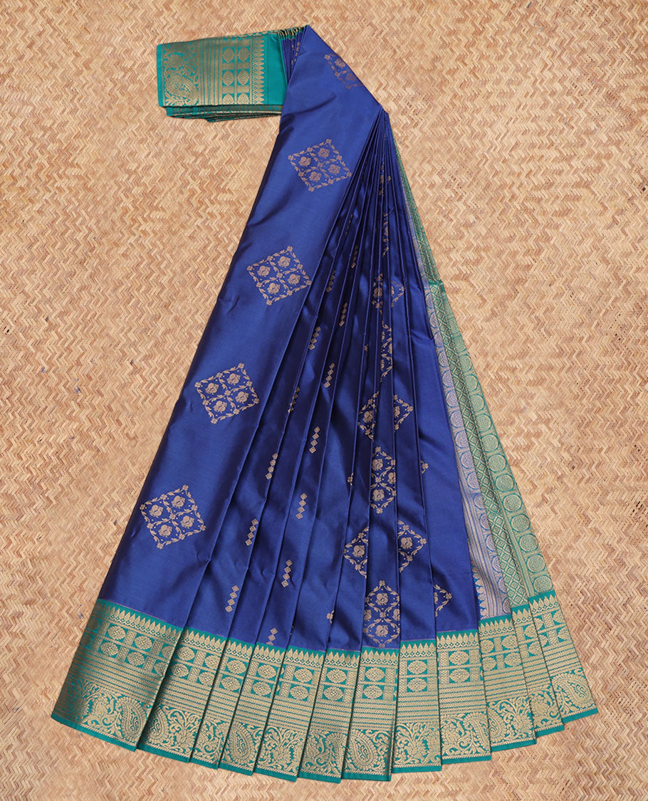 Blue Budget Silk Saree, Delicately Woven with Zari Buttas, a Contrast Traditional Zari Border, Intricate Pallu, and a Contrast Blouse