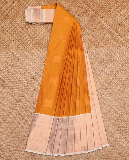 Orange zari design gift saree, contrast traditional zari design border, and pallu of jaal designs