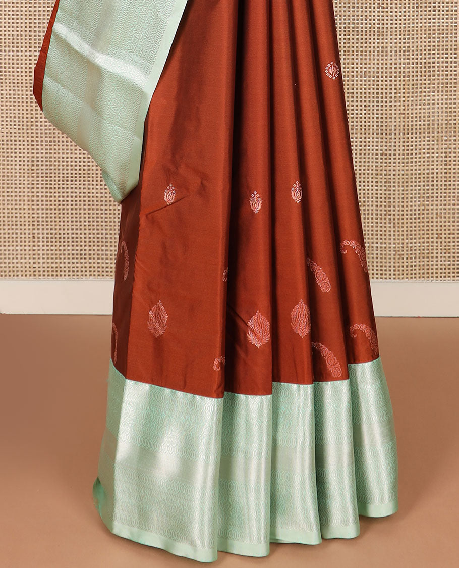 Rust zari buttas gift saree, contrast traditional zari design border, and zari striped pallu