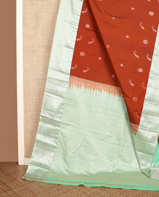 Rust zari buttas gift saree, contrast traditional zari design border, and zari striped pallu