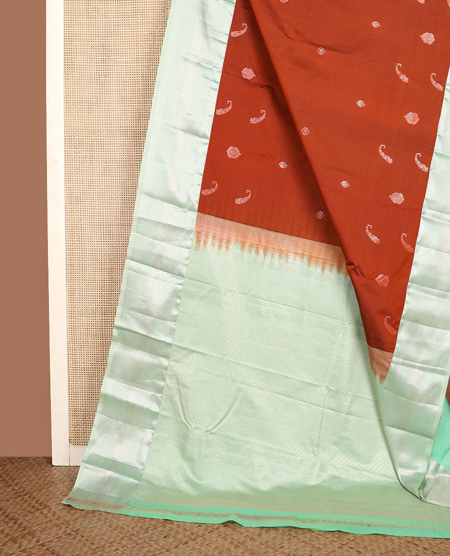 Rust zari buttas gift saree, contrast traditional zari design border, and zari striped pallu