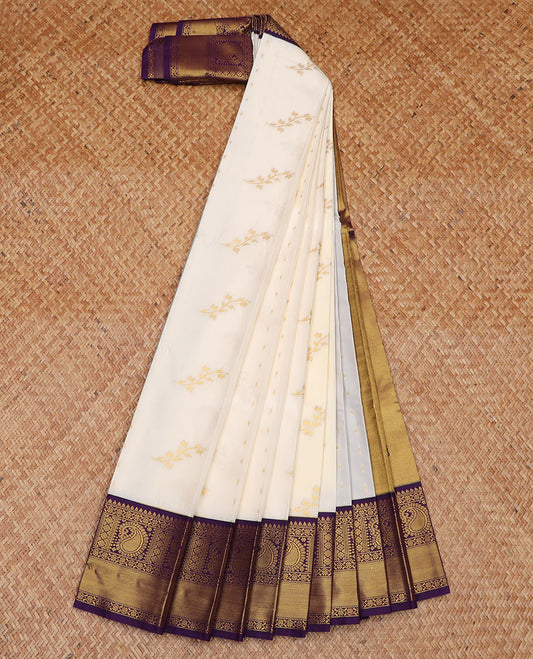 Cream zari buttas gift saree, contrast traditional zari border of paisleys, and pallu of big paisleys