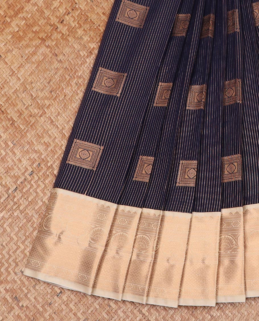 Blue zari buttas gift saree, contrast traditional zari design border, and jaal pallu