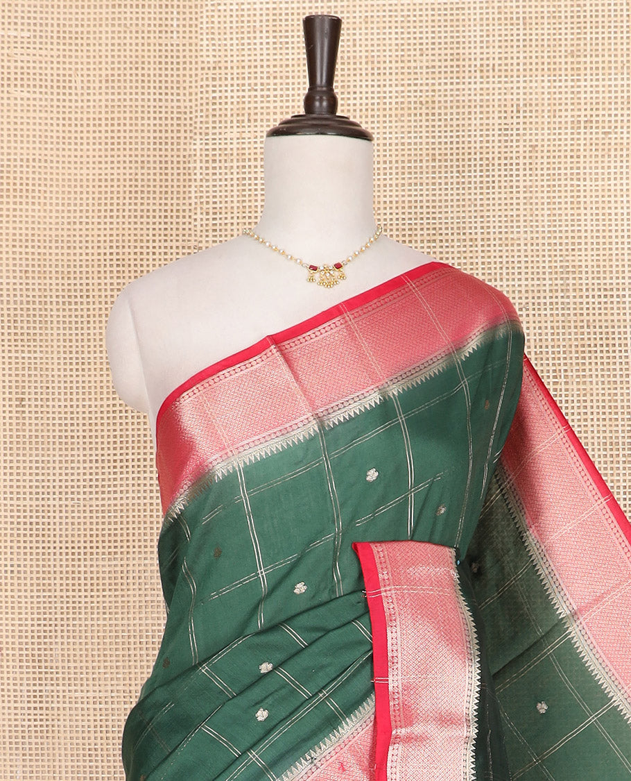 Green zari buttas and checked Assam silk saree, contrast traditional zari border, and pallu of zari designs