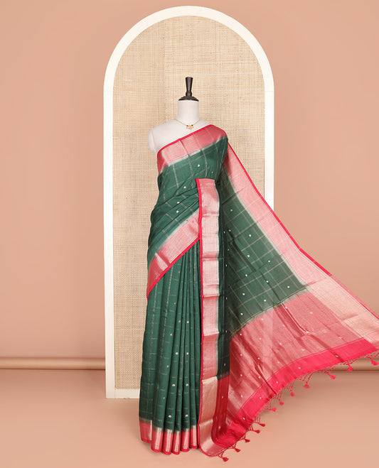 Green zari buttas and checked Assam silk saree, contrast traditional zari border, and pallu of zari designs
