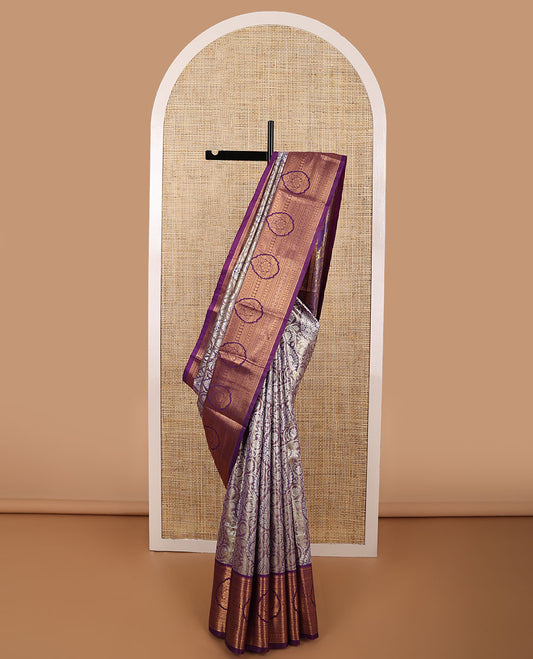 Purple floral jacquard budget silk saree with contrast floral design border & intricate zari design pallu