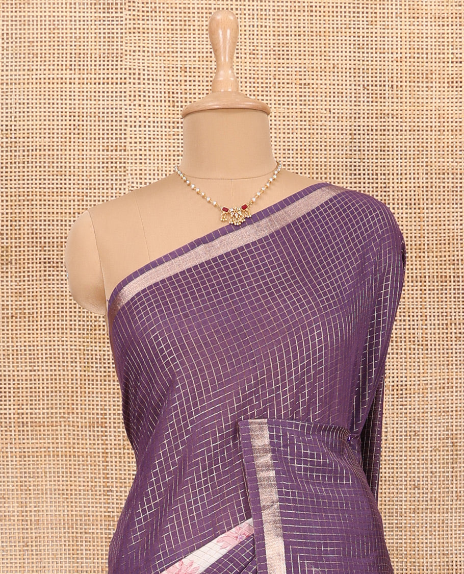 Purple Assam Silk Saree Graced with Micro-Checks and Floral Prints, Featuring a Simple Piping Border, Subtly Woven Pallu with Zari Stripes, Paired with a Matching Checked Blouse