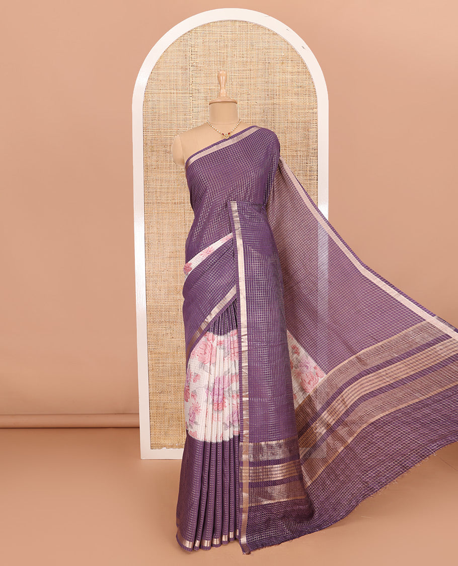 Purple Assam Silk Saree Graced with Micro-Checks and Floral Prints, Featuring a Simple Piping Border, Subtly Woven Pallu with Zari Stripes, Paired with a Matching Checked Blouse