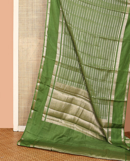 Parrot green zig-zag stripes with polka dots zari woven assam silk saree, traditional motifs woven double border, and zari design pallu