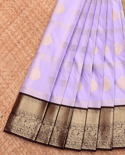 Lavender Budget Silk Saree, Sparsely Sparkled with Zari Butta Enclosed Checks, Complemented by a Contrast Traditional Zari Border, Grand Pallu, and Contrast Blouse
