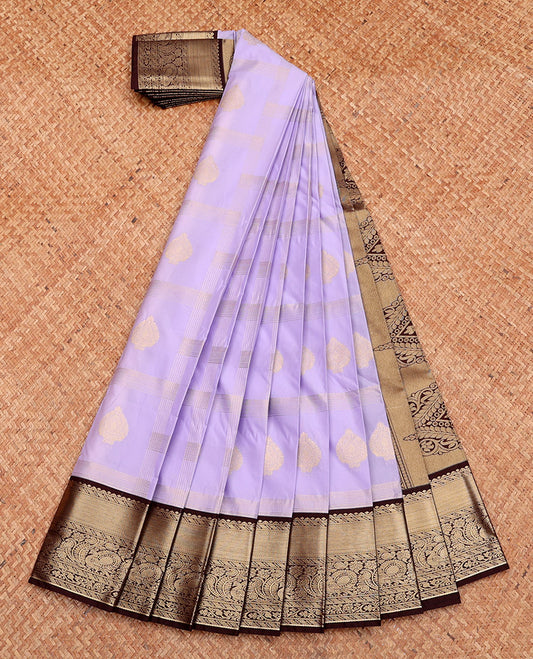Lavender Budget Silk Saree, Sparsely Sparkled with Zari Butta Enclosed Checks, Complemented by a Contrast Traditional Zari Border, Grand Pallu, and Contrast Blouse