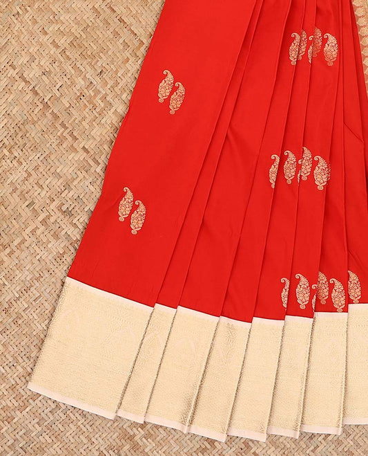 Red paisley zari buttas gift saree, contrast traditional zari design border, and jaal design pallu