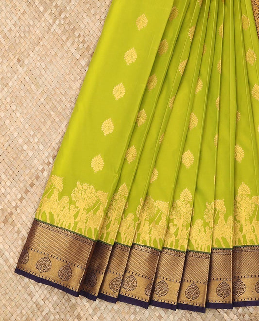 Green zari buttas and wedding-theme motifs zari woven budget silk saree, contrast traditional zari design border, and intricate pallu