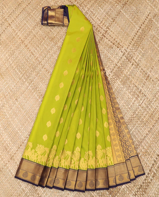 Green zari buttas and wedding-theme motifs zari woven budget silk saree, contrast traditional zari design border, and intricate pallu