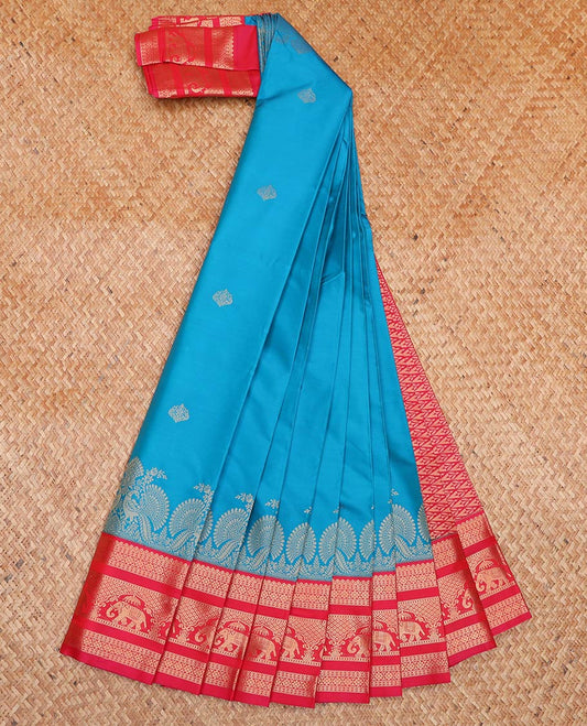 Blue Budget Silk Saree, Adorned with Zari Buttas All Over Its Body, Complemented by a Contrast Traditional Zari Design Border, Grand Pallu of Jaal Designs, and Paired with a Contrast Blouse