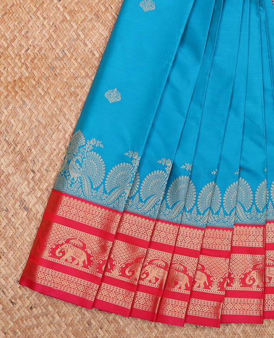 Blue Budget Silk Saree, Adorned with Zari Buttas All Over Its Body, Complemented by a Contrast Traditional Zari Design Border, Grand Pallu of Jaal Designs, and Paired with a Contrast Blouse