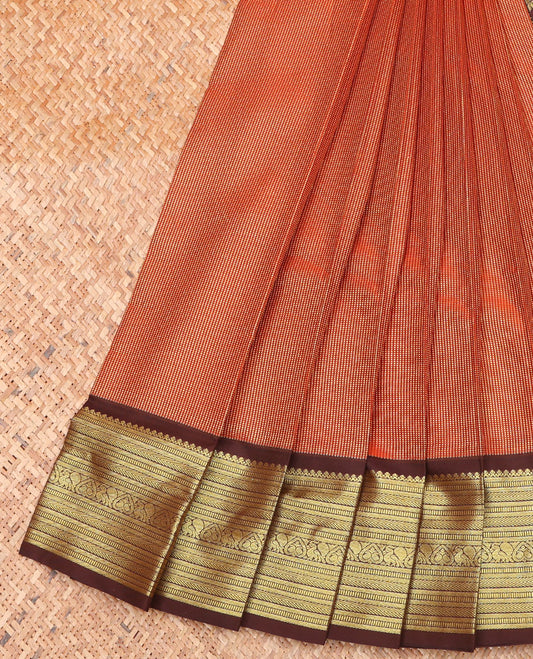 Orange Budget Silk Saree, Sparsely Woven with Micro-Designs on Its Body, Complemented by a Contrast Traditional Zari Design Border, Intricately Designed Pallu, and Paired with a Contrast Blouse
