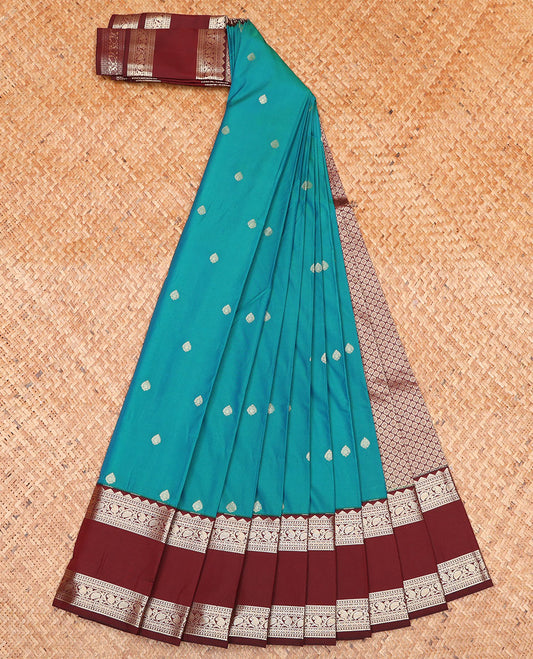 Blue Budget Silk Saree, Beautifully Bedecked with Zari Buttas and Micro-Checks on Its Body, Complemented by a Contrast Traditional Zari Design Rettai Pettu Border, Jaal Design Pallu, and Paired with a Contrast Blouse