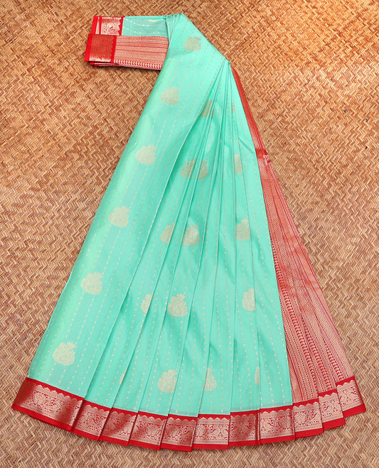 Turquoise Budget Silk Saree, Woven with Zari Buttas, Complemented by a Contrast Traditional Zari Peacock Border, Geometric-Patterned Pallu, and a Contrast Blouse