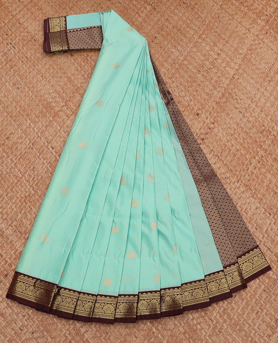 Turquoise Budget Silk Saree, Finely Crafted with Zari Buttas and Checks, Complemented by Contrast Traditional Zari Border, Jaal Pallu, and a Contrast Blouse