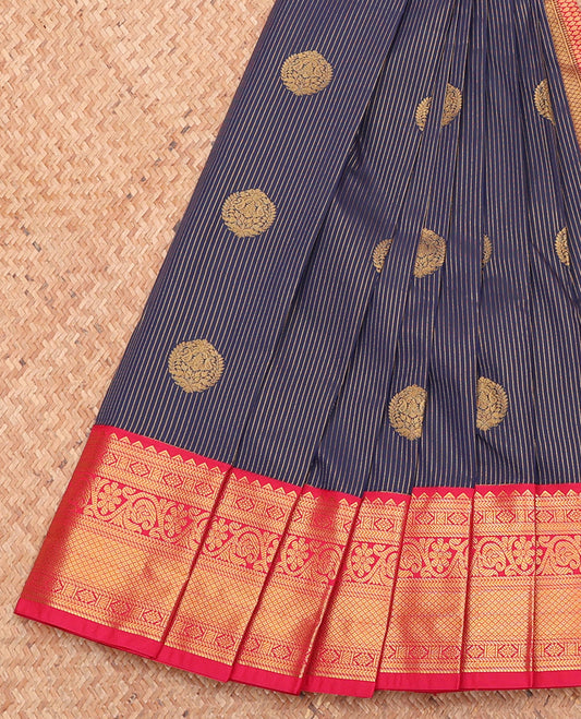 Blue Budget Silk Saree, Embellished with Zari Buttas and Stripes, Complemented by a Contrast Traditional Zari Border, Grand Pallu, and a Contrast Blouse