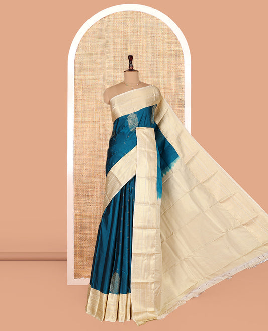 Blue Budget Silk Saree, Mesmerized with Zari Buttas on Its Body, Complemented by a Contrast Traditional Zari Design Border, Grandly Geometric Pallu, and Paired with a Contrast Blouse