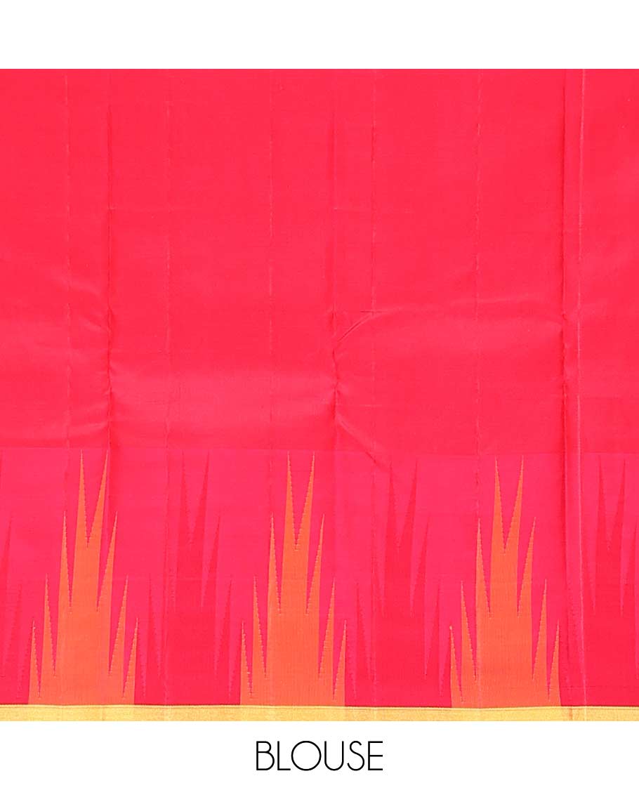 Blue plain Bangalore silk saree, contrast temple piping border, and zari-rich pallu of temple designs