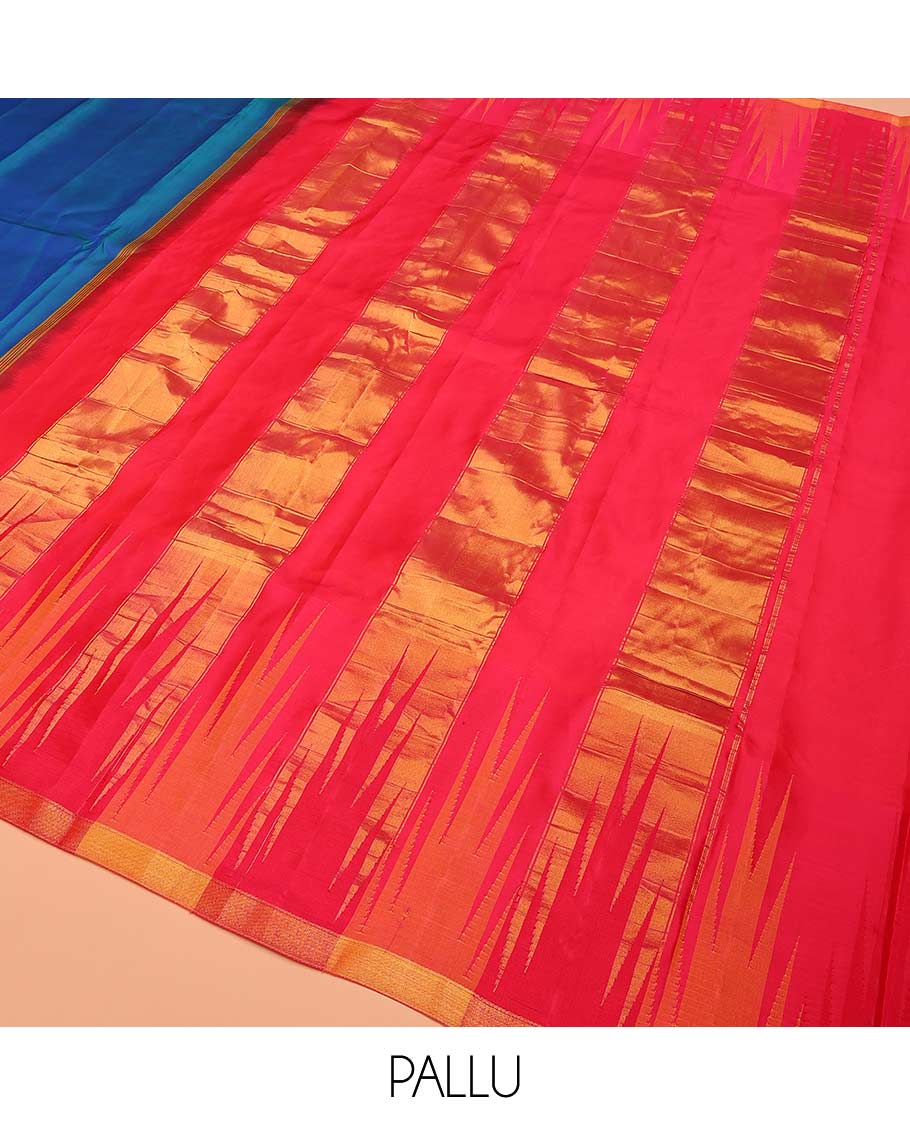 Blue plain Bangalore silk saree, contrast temple piping border, and zari-rich pallu of temple designs