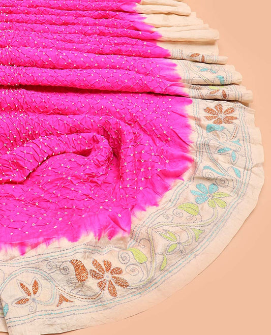 Rani pink bandhani dotted bandhani silk saree, contrast floral vine kantha embroidered border and colorful floral vine kantha embroidered pallu