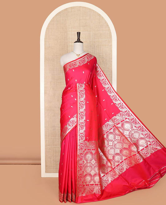 Red buttas banarasi silk saree, floral-paisley design border, and pallu of intricate designs