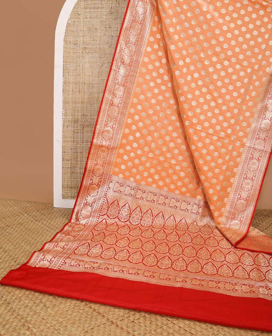 Peach floral buttas semi banaras nylon saree with contrast traditional zari design border & floral zari design pallu