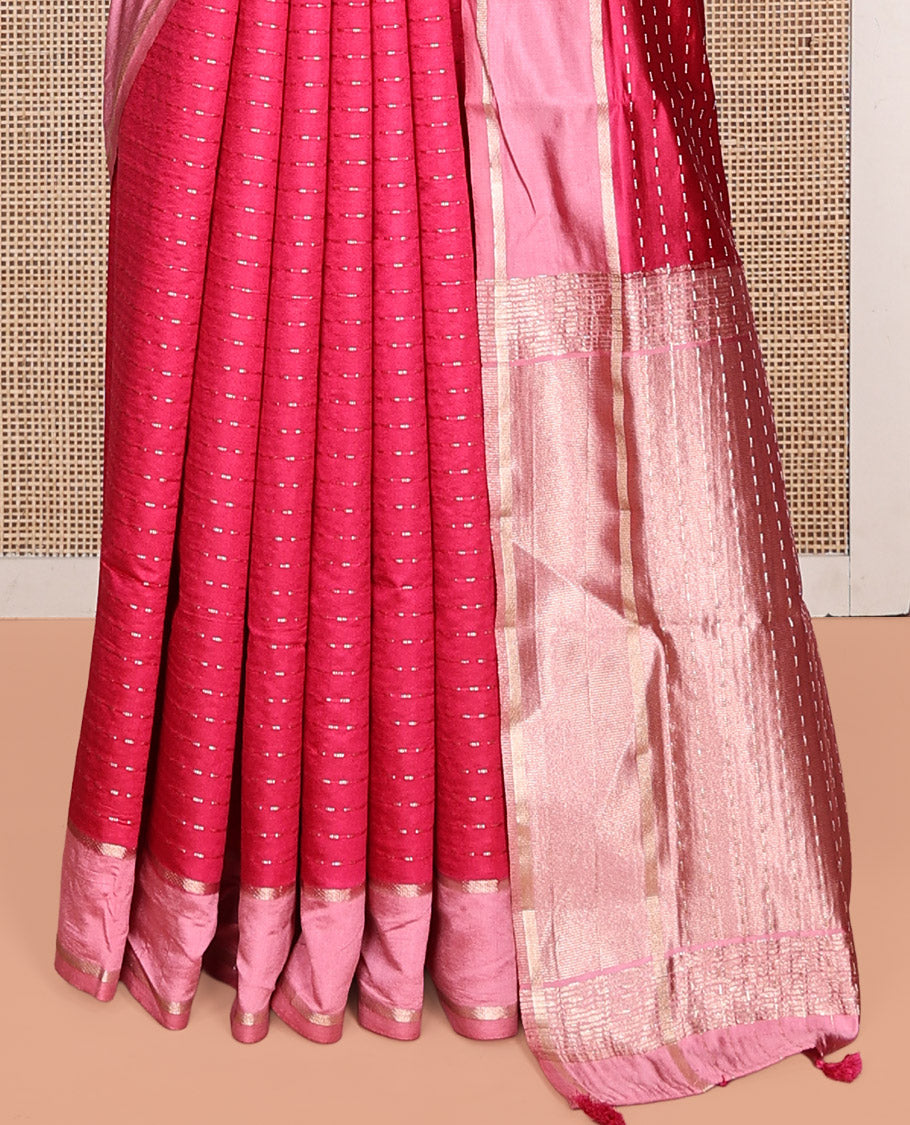 Pink Satin Silk Saree, Steeped in the Richness of Dotted-Stripes, Complemented by a Contrast Border, Grand Pallu, and a Contrast Blouse