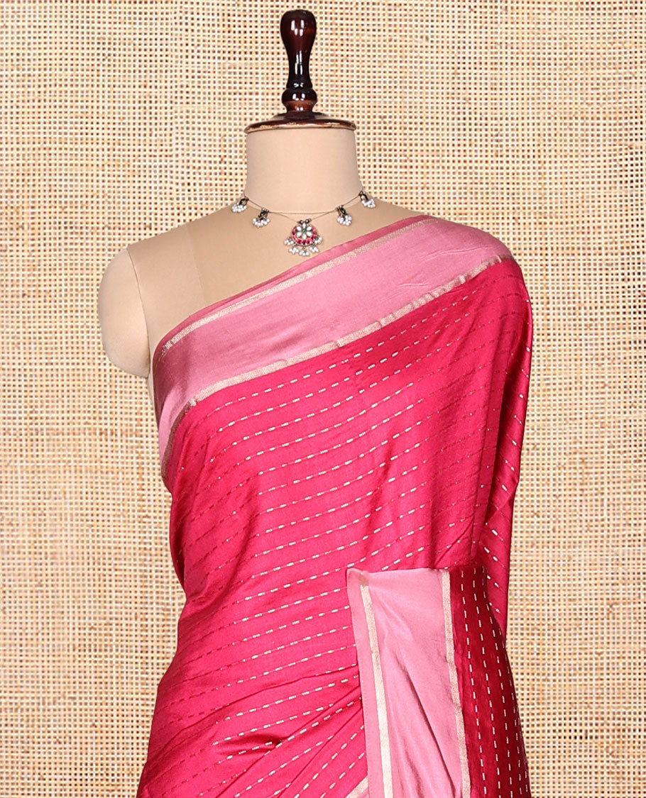 Pink Satin Silk Saree, Steeped in the Richness of Dotted-Stripes, Complemented by a Contrast Border, Grand Pallu, and a Contrast Blouse