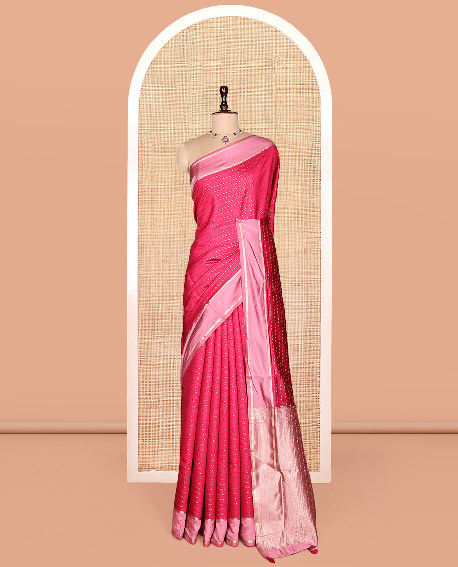Pink Satin Silk Saree, Steeped in the Richness of Dotted-Stripes, Complemented by a Contrast Border, Grand Pallu, and a Contrast Blouse