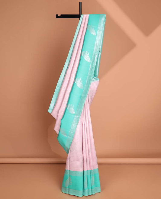 Baby pink checked, floraldesign litchi silk saree with contrast zari design border & floral zari design pallu