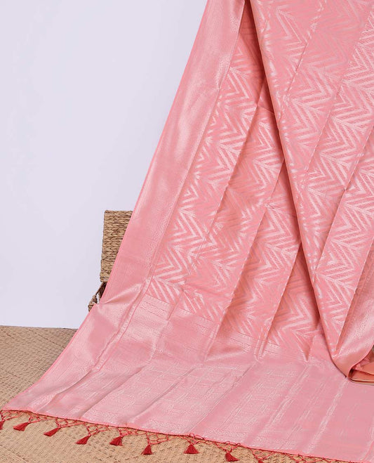 Pink geometric design butter silk saree with self floral design border & zari geometric design pallu
