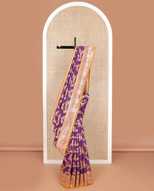 Purple floral jaal design butter silk saree with contrast intricate zari design border & floral design pallu