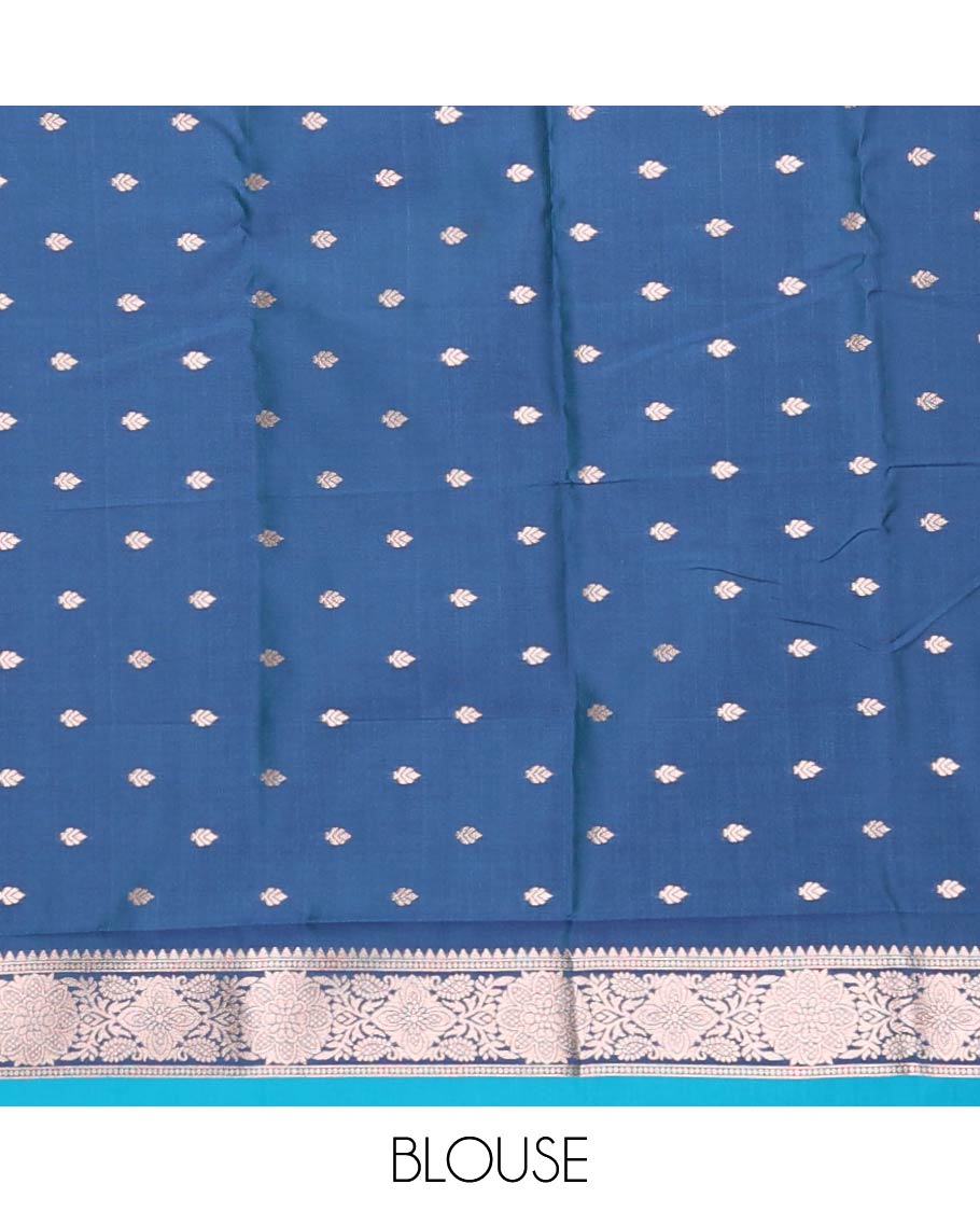 Borderless blue zari buttas butter silk saree, contrast rose floral design weave pallu