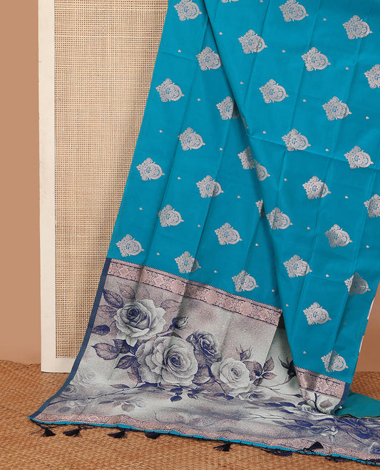 Borderless blue zari buttas butter silk saree, contrast rose floral design weave pallu