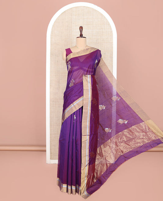 Violet Chanderi Cotton Saree, Bedecked with Floral Buttas All Over Its Body, Highlighted by Zari Border, Pallu of Zari Stripes, and Paired with a Matching Blouse