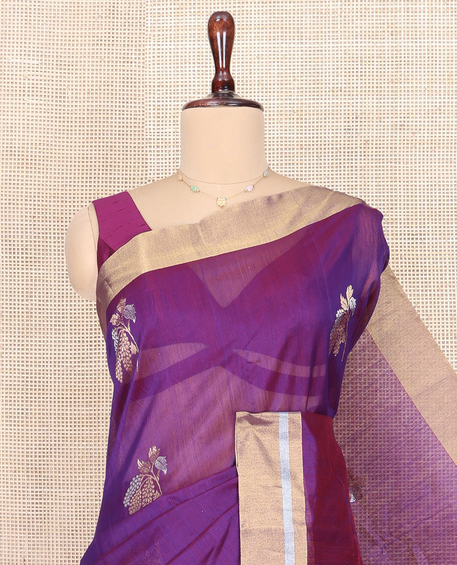 Violet Chanderi Cotton Saree, Bedecked with Floral Buttas All Over Its Body, Highlighted by Zari Border, Pallu of Zari Stripes, and Paired with a Matching Blouse
