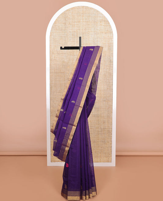 Purple floral, animal motifs chanderi cotton saree with self zari border & geometric design pallu