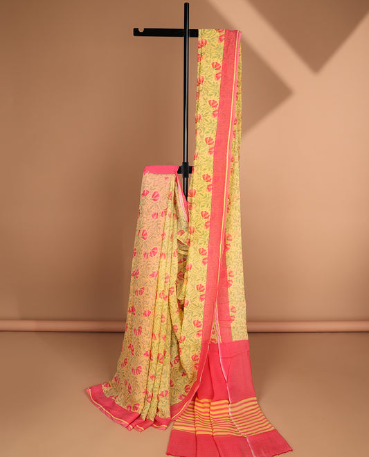 Yellow floral vine printed semi banaras crepe saree, contrast chevron striped border & pallu of stripes