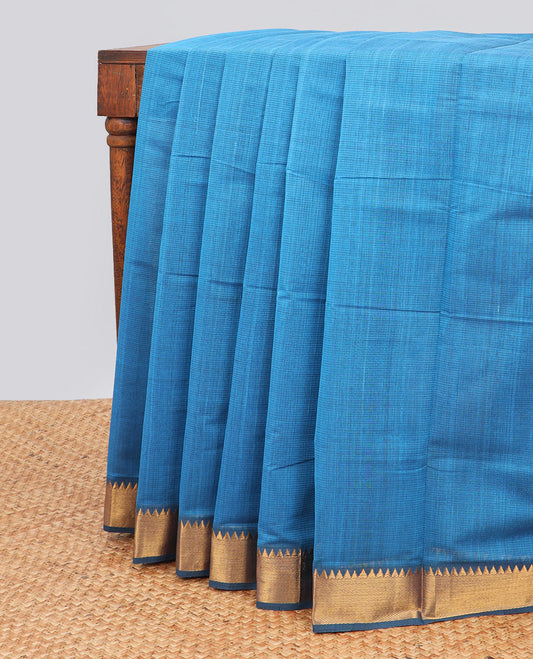 Blue striped mangalagiri cotton saree with contrast temple border & striped pallu