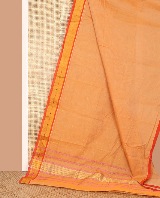 Orange Venkatagiri Cotton Saree, Woven with Buttas on Its Body, Complemented by a Contrast Thread and Zari Border, Zari Striped Pallu, and Comes Without a Blouse