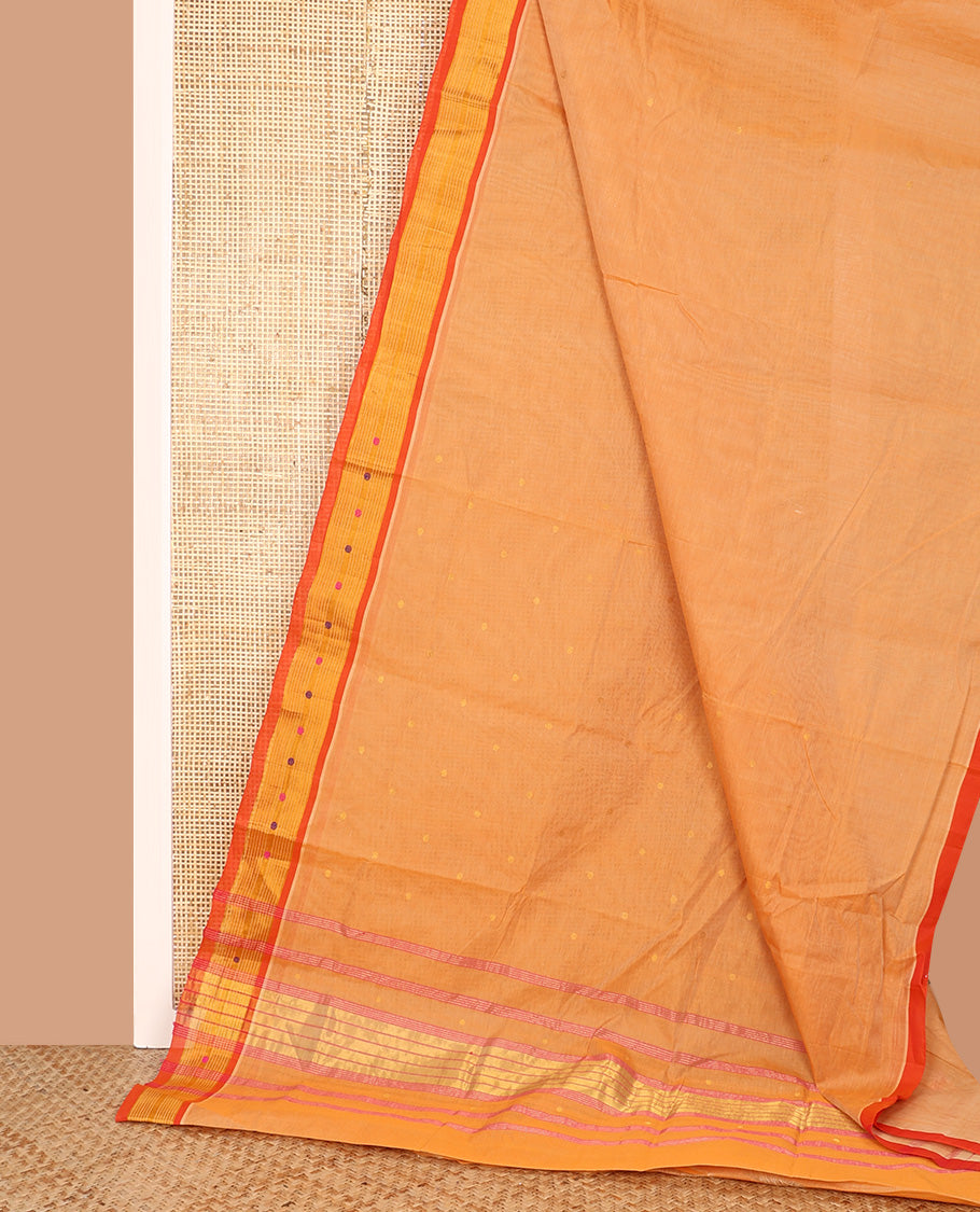 Orange Venkatagiri Cotton Saree, Woven with Buttas on Its Body, Complemented by a Contrast Thread and Zari Border, Zari Striped Pallu, and Comes Without a Blouse